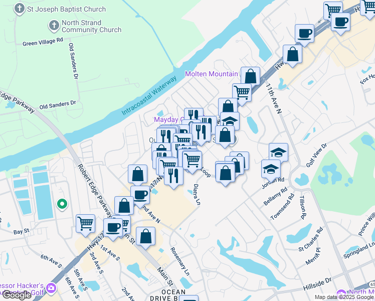 map of restaurants, bars, coffee shops, grocery stores, and more near 605 Highway 17 North in North Myrtle Beach