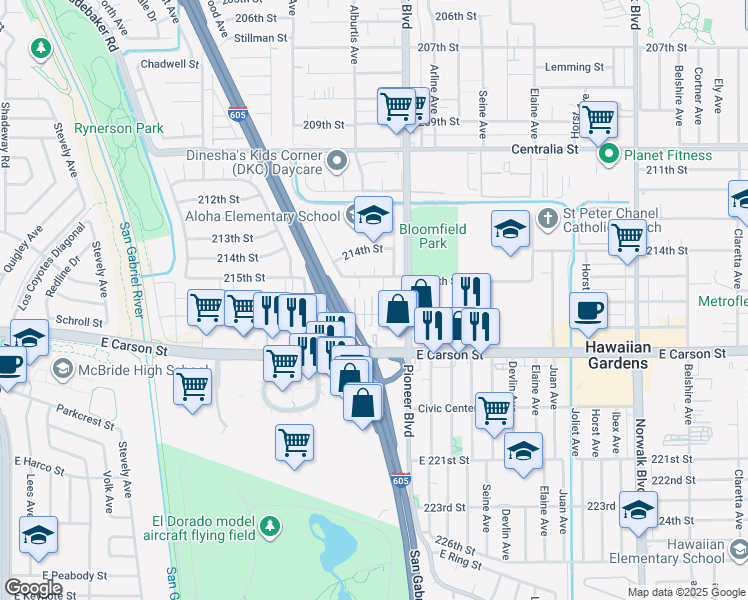 map of restaurants, bars, coffee shops, grocery stores, and more near 11729 1/2 216th Street in Lakewood