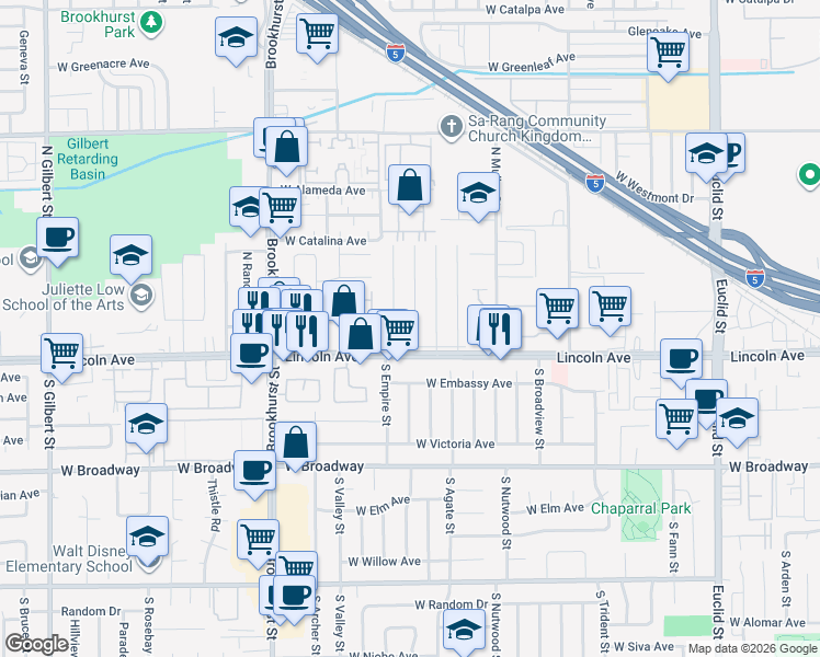 map of restaurants, bars, coffee shops, grocery stores, and more near 117 North Berniece Drive in Anaheim