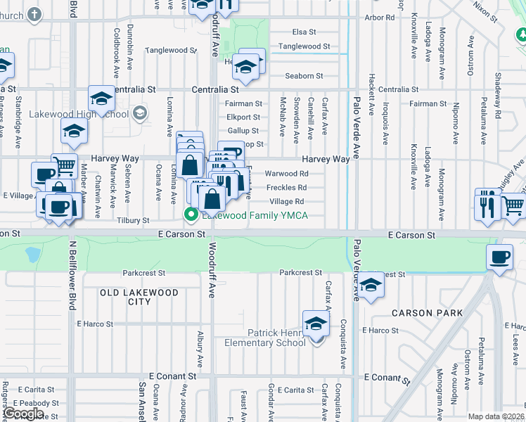 map of restaurants, bars, coffee shops, grocery stores, and more near 6039 Village Road in Lakewood