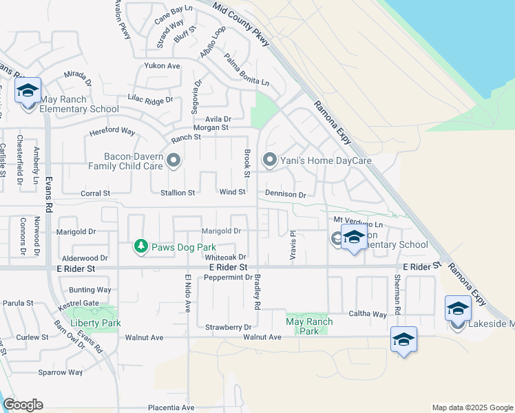 map of restaurants, bars, coffee shops, grocery stores, and more near Bradley Road in Perris