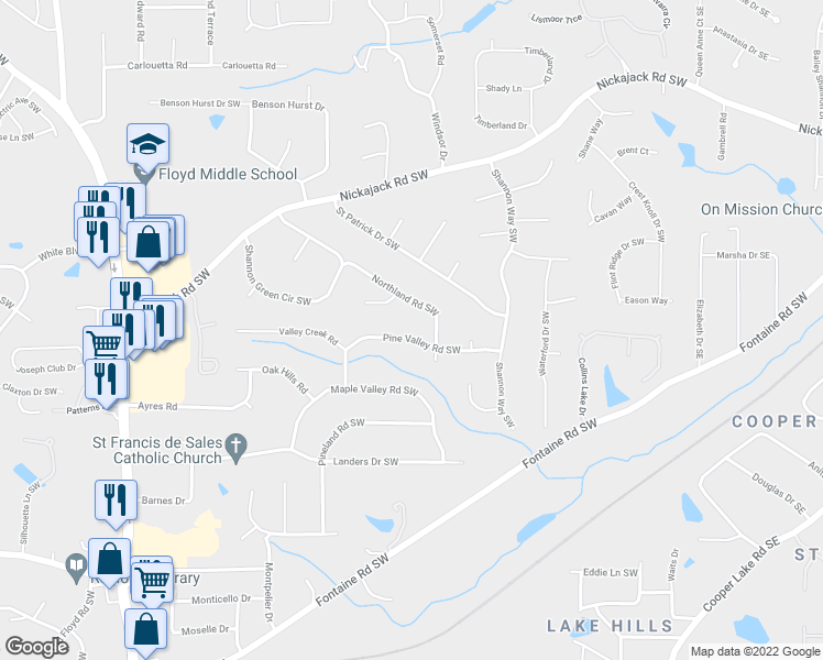 map of restaurants, bars, coffee shops, grocery stores, and more near 362 Pine Valley Road Southwest in Mableton