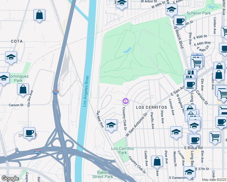 map of restaurants, bars, coffee shops, grocery stores, and more near 611 West Devon Place in Long Beach