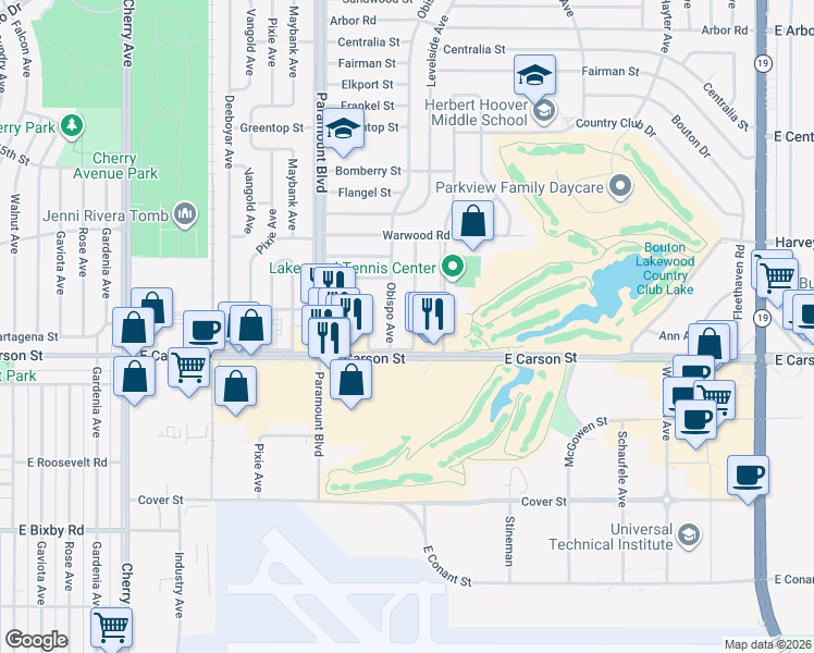 map of restaurants, bars, coffee shops, grocery stores, and more near 4131 Levelside Avenue in Lakewood