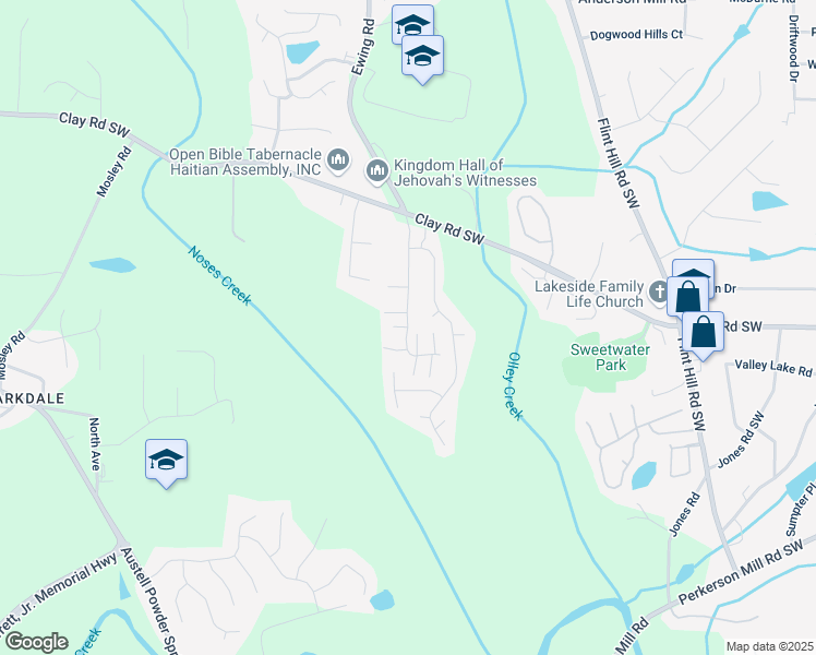 map of restaurants, bars, coffee shops, grocery stores, and more near 6447 Sweetwater Valley Road in Austell