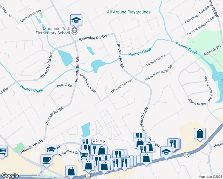 map of restaurants, bars, coffee shops, grocery stores, and more near 5053 Oak Leaf Terrace in Stone Mountain