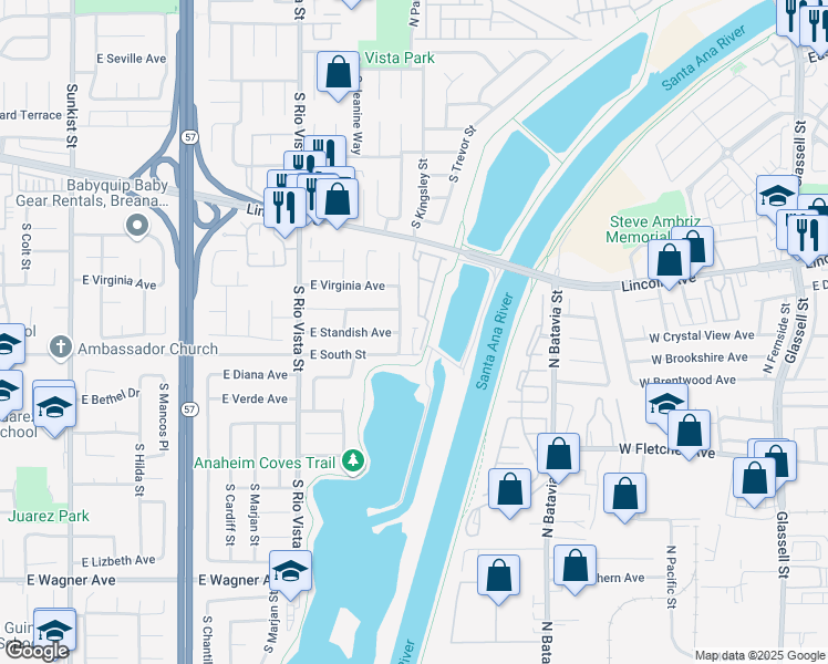 map of restaurants, bars, coffee shops, grocery stores, and more near 606 South Lakeshore Drive in Anaheim