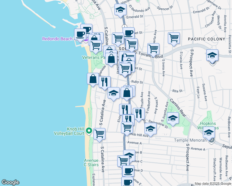 map of restaurants, bars, coffee shops, grocery stores, and more near South Broadway & South Guadalupe Avenue in Redondo Beach