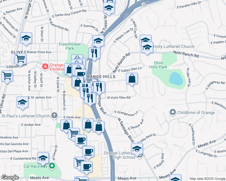 map of restaurants, bars, coffee shops, grocery stores, and more near 2706 North Vista Court in Orange
