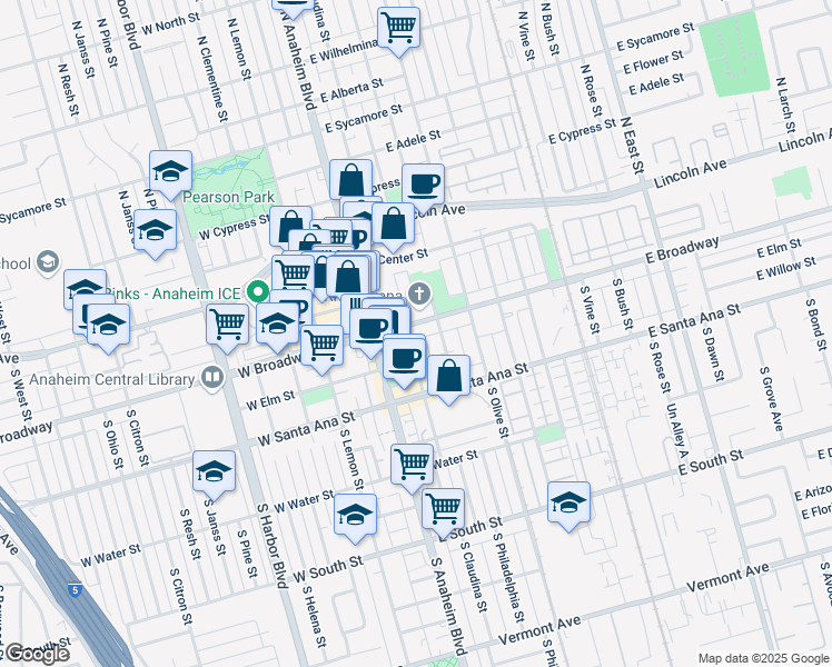 map of restaurants, bars, coffee shops, grocery stores, and more near 201 East Broadway in Anaheim