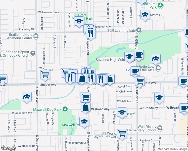 map of restaurants, bars, coffee shops, grocery stores, and more near 220 North Magnolia Avenue in Anaheim
