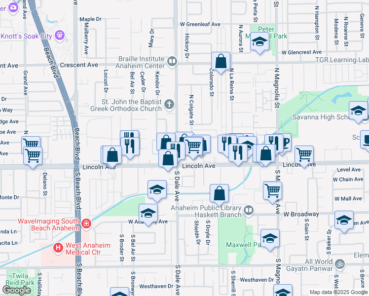 map of restaurants, bars, coffee shops, grocery stores, and more near 2776 West Yale Avenue in Anaheim