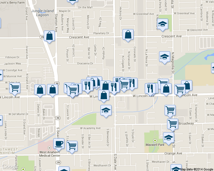 map of restaurants, bars, coffee shops, grocery stores, and more near 100 West Tyler Avenue in Anaheim