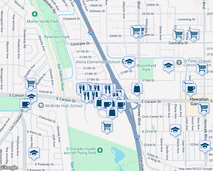 map of restaurants, bars, coffee shops, grocery stores, and more near 11522 215th Street in Lakewood