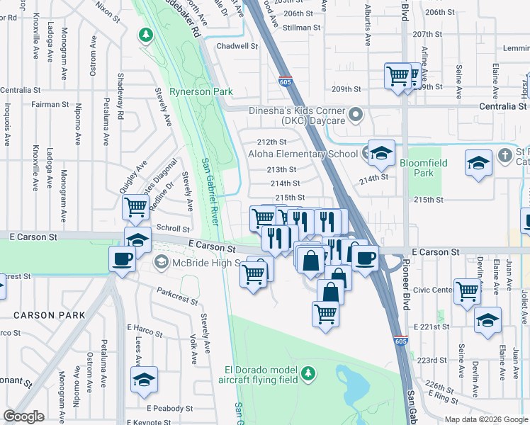 map of restaurants, bars, coffee shops, grocery stores, and more near 11324 215th Street in Lakewood