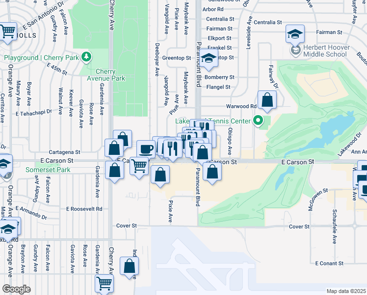 map of restaurants, bars, coffee shops, grocery stores, and more near 4203 Maybank Avenue in Lakewood