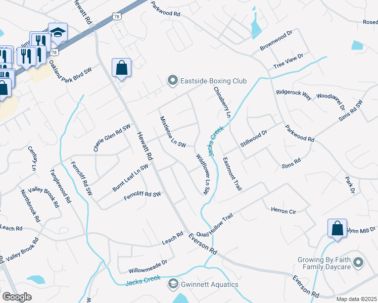 map of restaurants, bars, coffee shops, grocery stores, and more near 2573 Mistletoe Lane Southwest in Snellville