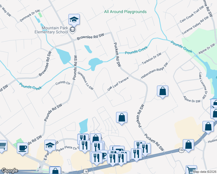 map of restaurants, bars, coffee shops, grocery stores, and more near 5053 Oak Leaf Terrace in Stone Mountain