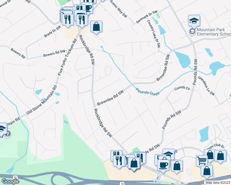 map of restaurants, bars, coffee shops, grocery stores, and more near 5421 Brownlee Road Southwest in Stone Mountain