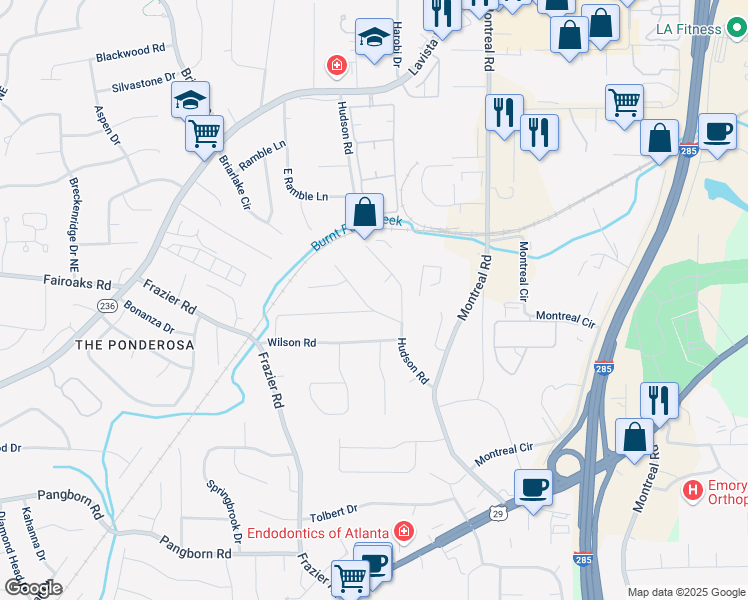 map of restaurants, bars, coffee shops, grocery stores, and more near 1721 Hudson Woods Trail in Decatur