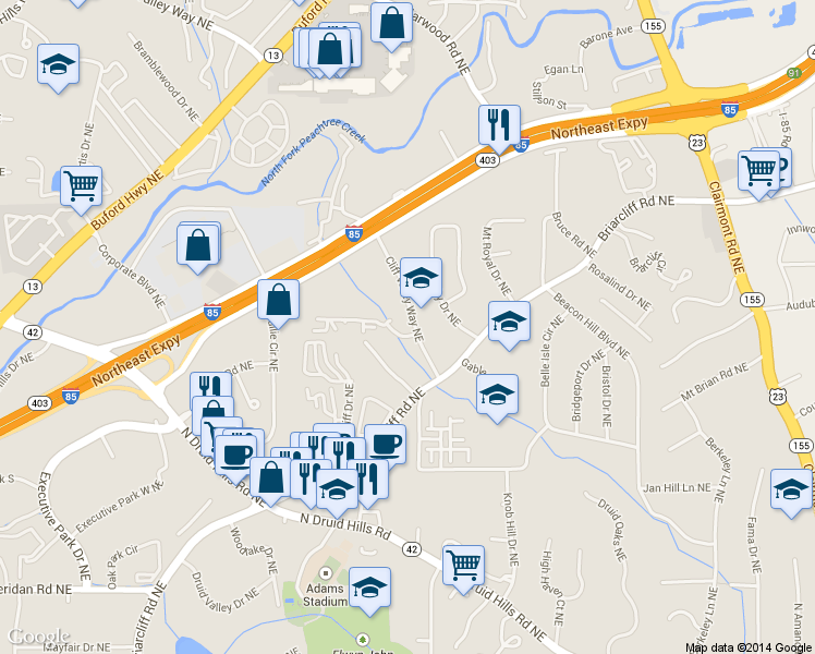 map of restaurants, bars, coffee shops, grocery stores, and more near 1214 Westchester Ridge Northeast in Atlanta