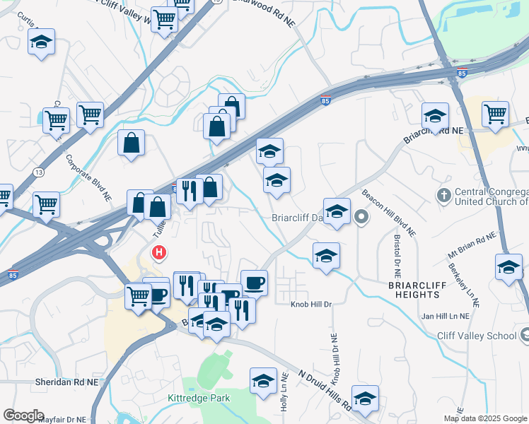 map of restaurants, bars, coffee shops, grocery stores, and more near 1214 Westchester Ridge Northeast in Atlanta