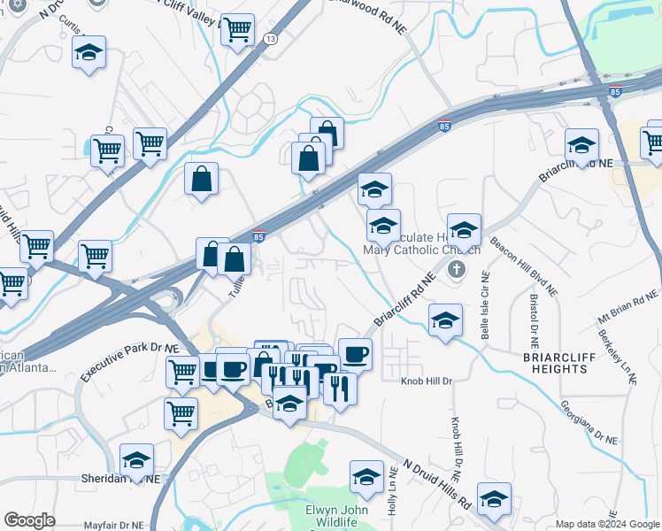 map of restaurants, bars, coffee shops, grocery stores, and more near 1129 Westchester Ridge Northeast in Atlanta