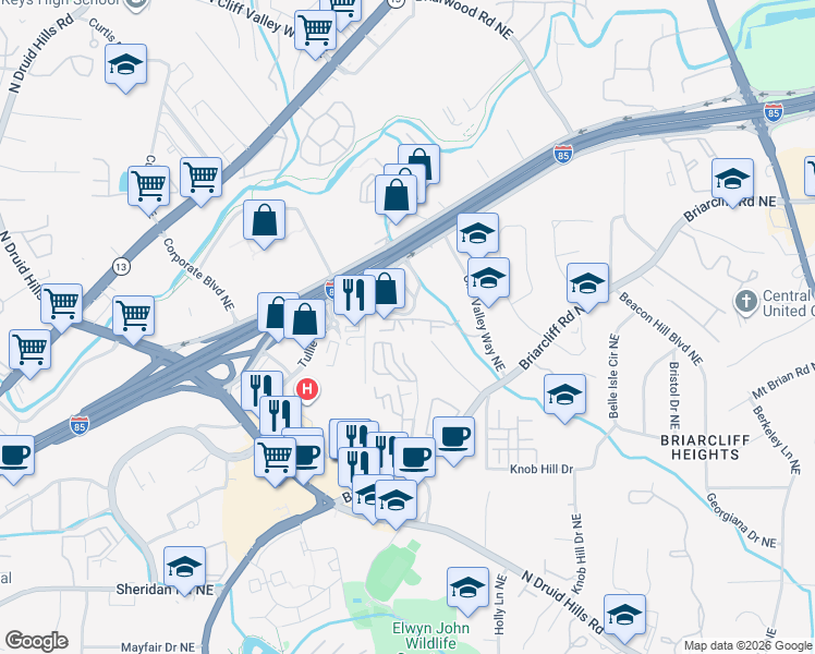 map of restaurants, bars, coffee shops, grocery stores, and more near 1597 Northeast Expressway Northeast in Atlanta