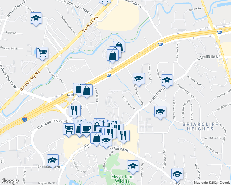 map of restaurants, bars, coffee shops, grocery stores, and more near 1597 Northeast Expressway Northeast in Atlanta