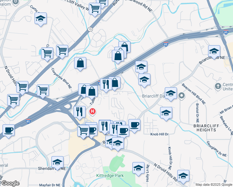 map of restaurants, bars, coffee shops, grocery stores, and more near 1597 Northeast Expressway Northeast in Atlanta