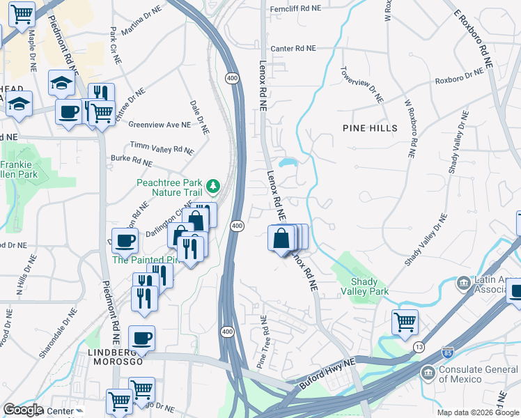 map of restaurants, bars, coffee shops, grocery stores, and more near 2914 Lenox Road Northeast in Atlanta