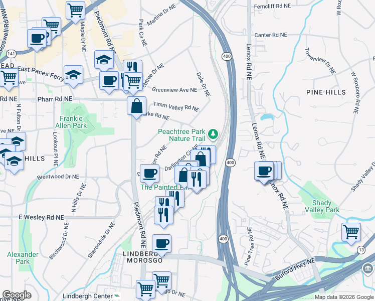 map of restaurants, bars, coffee shops, grocery stores, and more near 700 Darlington Circle Northeast in Atlanta