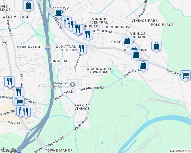 map of restaurants, bars, coffee shops, grocery stores, and more near 2561 Bridlewood Lane Southeast in Atlanta