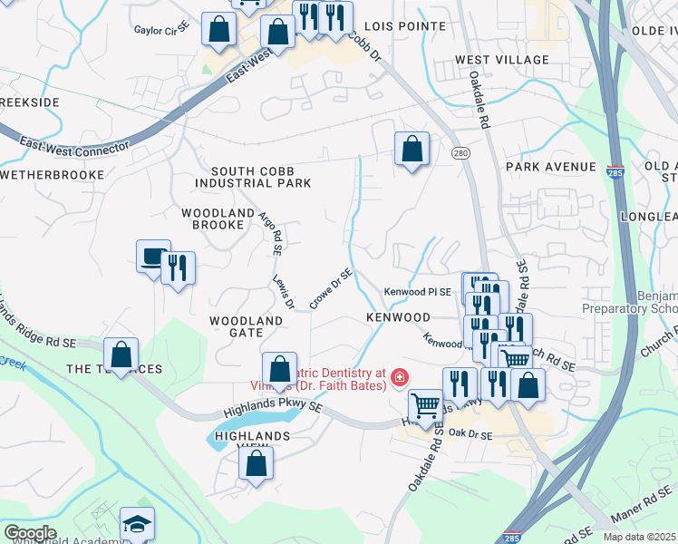 map of restaurants, bars, coffee shops, grocery stores, and more near 1869 Kenwood Road Southeast in Smyrna