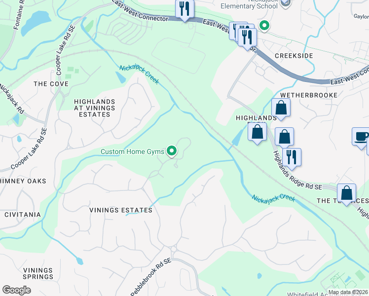 map of restaurants, bars, coffee shops, grocery stores, and more near 564 Vinings Estates Drive Southeast in Mableton
