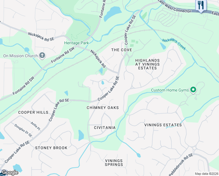 map of restaurants, bars, coffee shops, grocery stores, and more near 589 Lakeview Terrace Southeast in Mableton