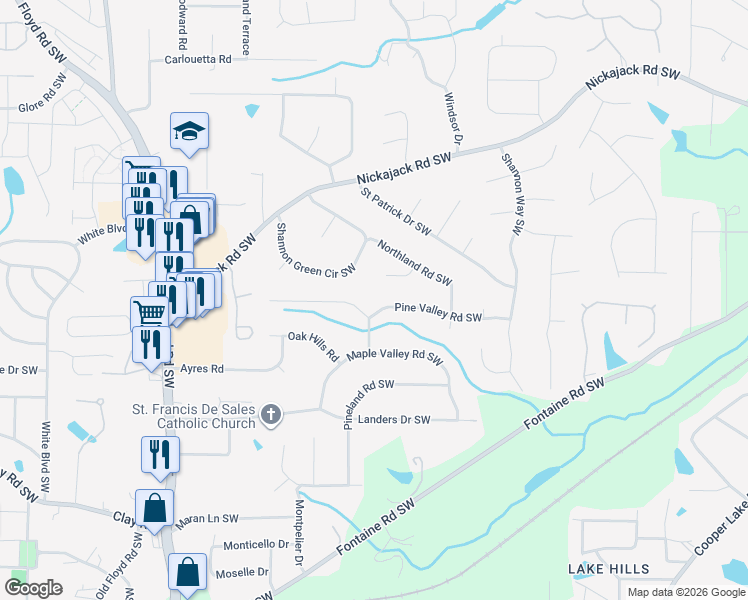 map of restaurants, bars, coffee shops, grocery stores, and more near 418 Saint Albans Court Southwest in Mableton