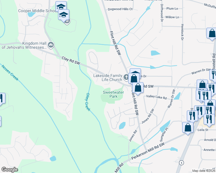 map of restaurants, bars, coffee shops, grocery stores, and more near 2445 Wingfield Drive Southwest in Austell