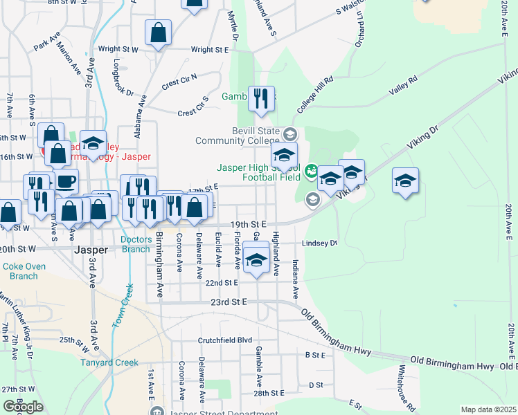 map of restaurants, bars, coffee shops, grocery stores, and more near 1705 Gamble Avenue in Jasper