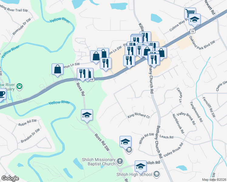 map of restaurants, bars, coffee shops, grocery stores, and more near 4217 Wellington Hills Lane in Snellville