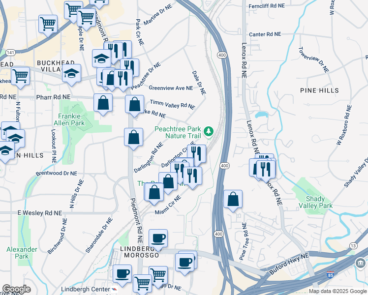 map of restaurants, bars, coffee shops, grocery stores, and more near 700 Darlington Circle Northeast in Atlanta