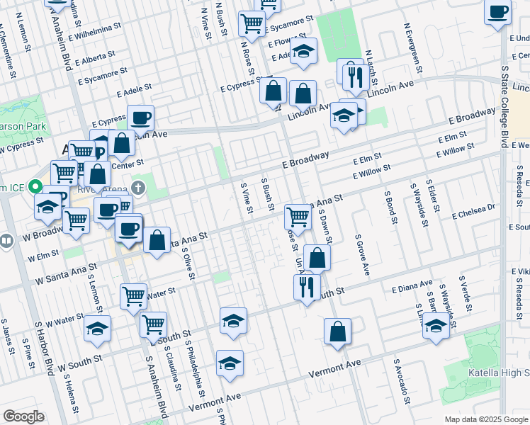 map of restaurants, bars, coffee shops, grocery stores, and more near 919 East Santa Ana Street in Anaheim