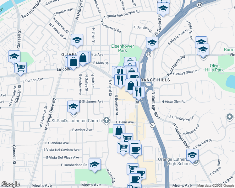 map of restaurants, bars, coffee shops, grocery stores, and more near 2687 North Bourbon Street in Orange