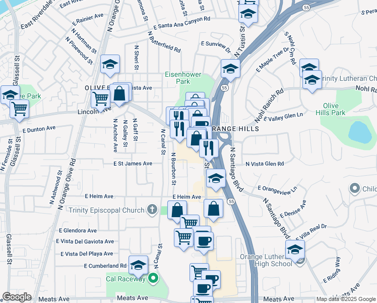 map of restaurants, bars, coffee shops, grocery stores, and more near 2756 North Tustin Street in Orange