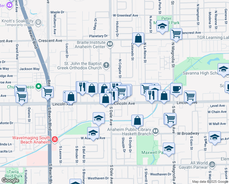 map of restaurants, bars, coffee shops, grocery stores, and more near 200 North Dale Avenue in Anaheim