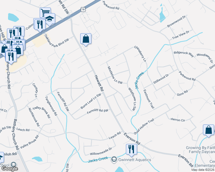 map of restaurants, bars, coffee shops, grocery stores, and more near 2504 Wildflower Lane Southwest in Snellville