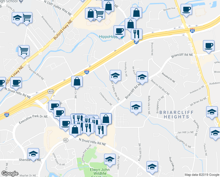 map of restaurants, bars, coffee shops, grocery stores, and more near 1214 Westchester Ridge Northeast in Atlanta