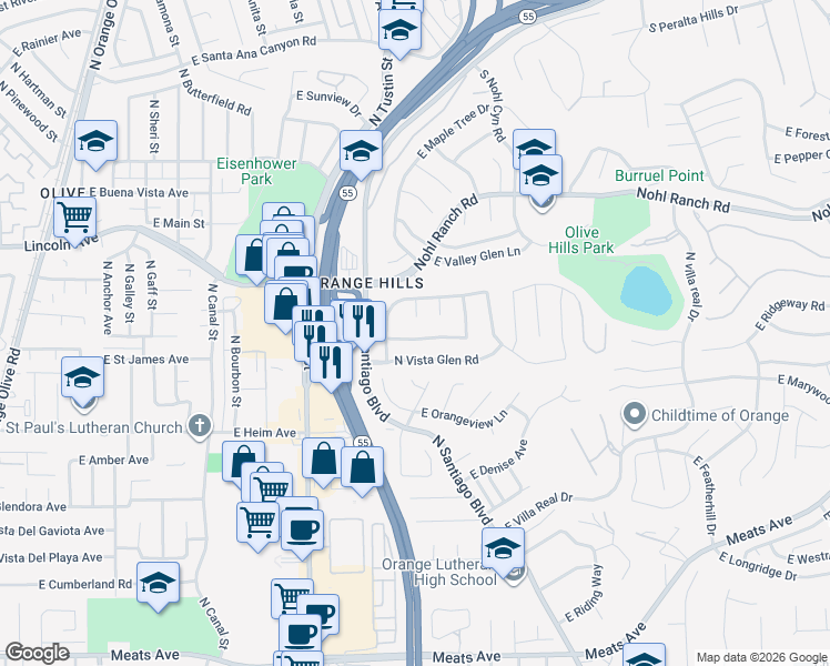 map of restaurants, bars, coffee shops, grocery stores, and more near 2706 North Vista Court in Orange