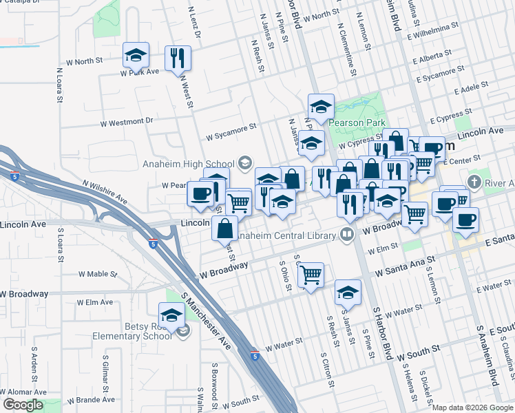 map of restaurants, bars, coffee shops, grocery stores, and more near 121 North Ohio Street in Anaheim