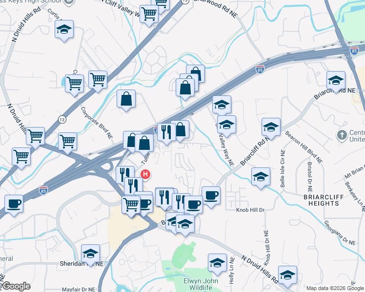 map of restaurants, bars, coffee shops, grocery stores, and more near 1597 Northeast Expressway Northeast in Atlanta